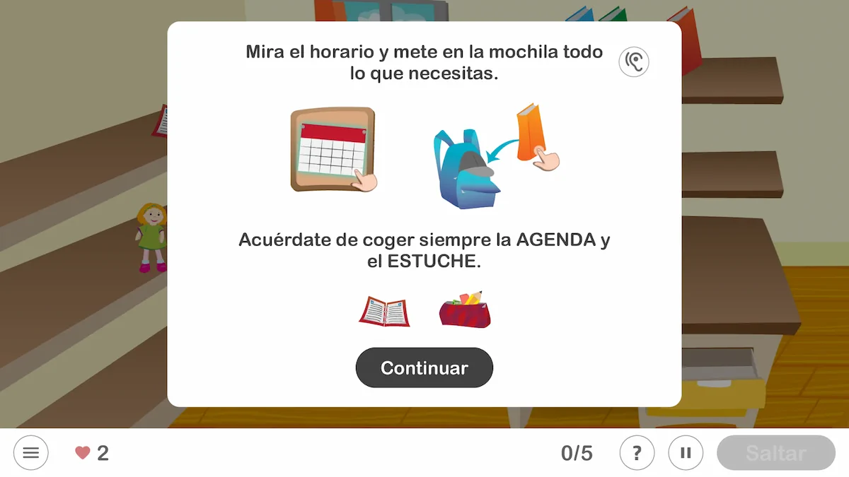Interface de NeuronUP montrant une tâche pour préparer le cartable dans une classe, avec des étagères et un personnage animé.