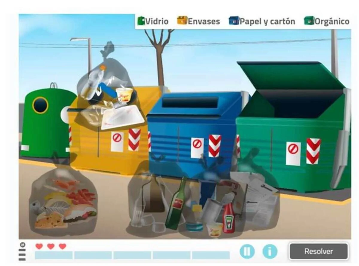 Ensemble de conteneurs de recyclage colorés dans une rue urbaine, des sacs devant et des étiquettes Verre, Emballages, Papier et Carton, Déchets organiques.