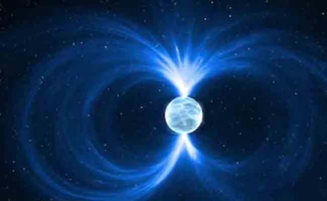 Représentation artistique en bleu d'un objet astron0mique avec une sphère centrale et des flux d'énergie, sur fond étoilé.
