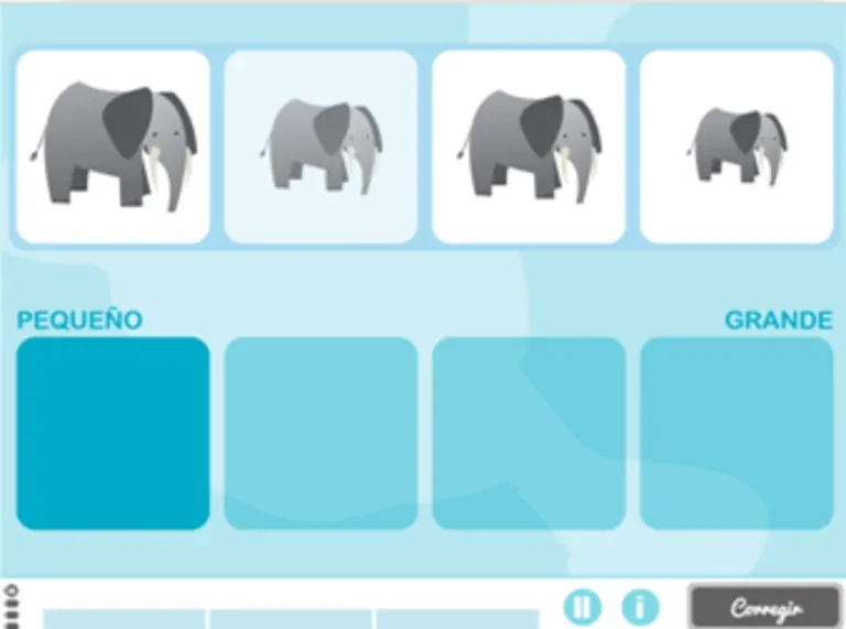 Ensemble d'illustrations éducatives avec trois éléphants colorés et deux boîtes étiquetées PETIT et GRAND, pour classer les tailles.
