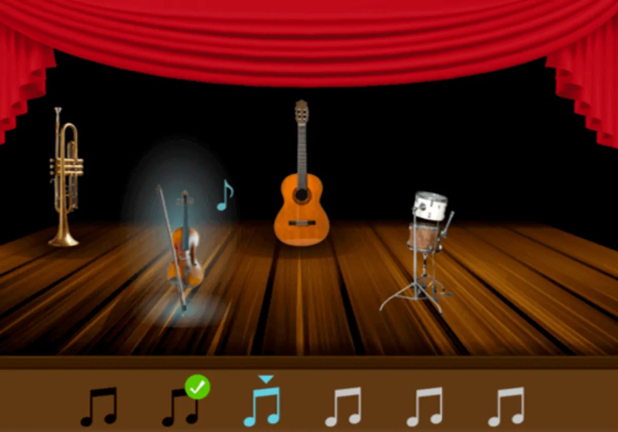 Scène de spectacle avec rideaux rouges et des instruments (trompette, guitare, violon et tambour) pour un jeu de mémoire épisodique chez les adultes.