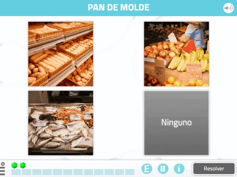 Exercice de stimulation cognitive avec aliments : pains en paniers, fruits et légumes, poissons et un encadré 'Aucun'.