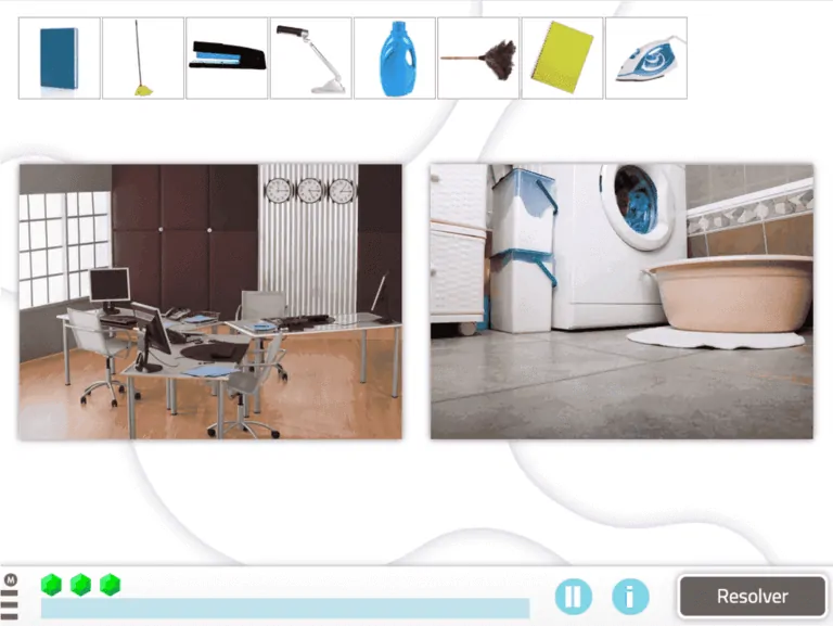 Deux scènes : bureau moderne à gauche et espace domestique avec lave-linge à droite, pour la stimulation cognitive.