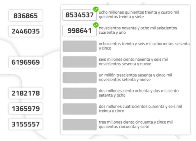 Ensemble de cartes avec des nombres en espagnol et leur écriture en mots ; exemples comme 8534537 et 998641, avec des marques de vérification (✓) dans certains cas.