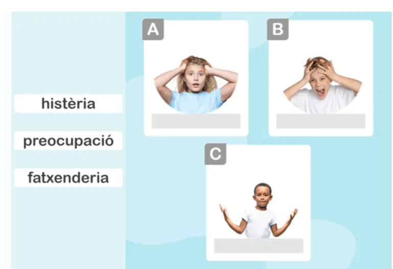 Infographie en catalan avec trois vignettes A–C montrant des expressions et des mots émotionnels : histèria, preocupació et fatxenderia.