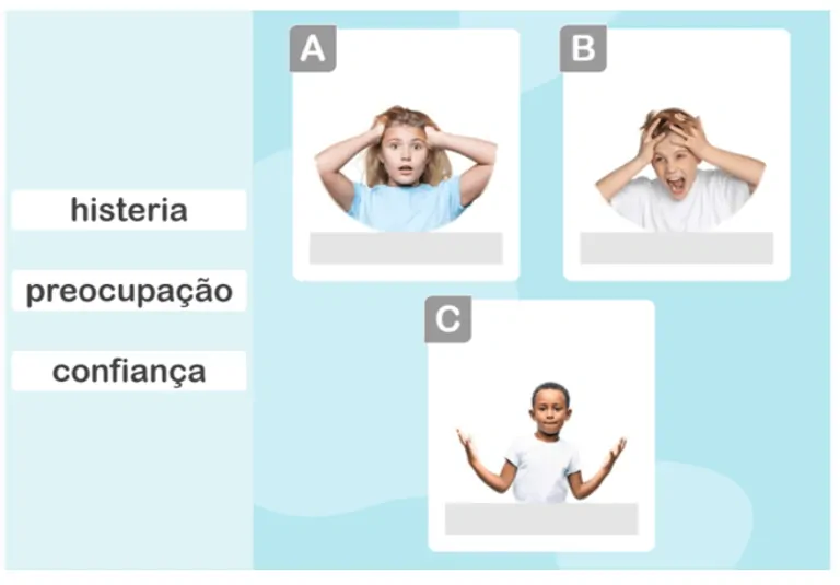 Infographie en portugais pour enfants avec trois expressions : inquiétude, surprise et confiance; mots histeria, preocupação et confiança.