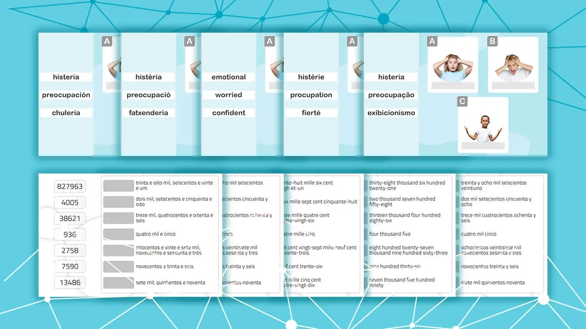 Infographie sur la stimulation cognitive en plusieurs langues, avec des cartes multilingues et des mots sur les émotions telles que la préoccupation et l'anxiété.