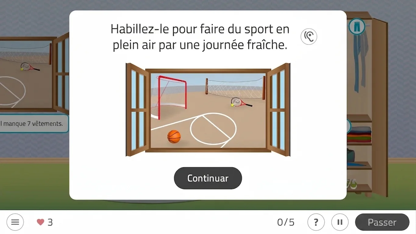 Intérieur avec fenêtre donnant sur un espace sportif extérieur; terrain de basket et but, message pour s'habiller, personne âgée réalise des exercices d'habillage et de mobilité à domicile.