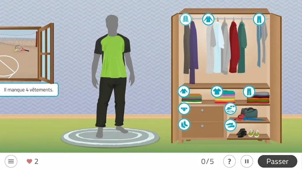 Homme adulte portant des vêtements de sport devant une armoire, lors d'une activité d'habillage en ergothérapie à domicile.