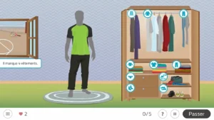 Un homme adulte porte des vêtements de sport devant une armoire, pendant une activité d'habillage en ergothérapie à domicile.