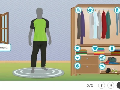 Un homme adulte porte des vêtements de sport devant une armoire, pendant une activité d'habillage en ergothérapie à domicile.