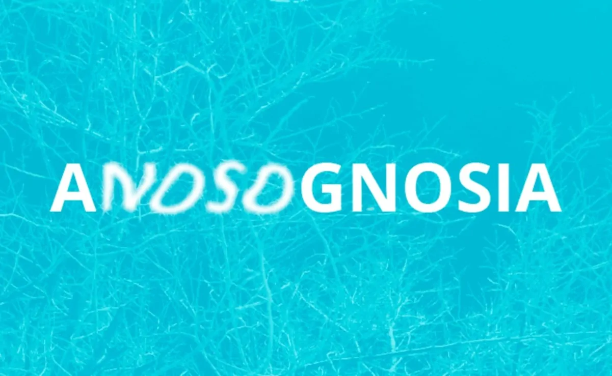 Mot ANOSOGNOSIE en typographie moderne sur fond bleu clair, design abstrait qui suggère la confusion.
