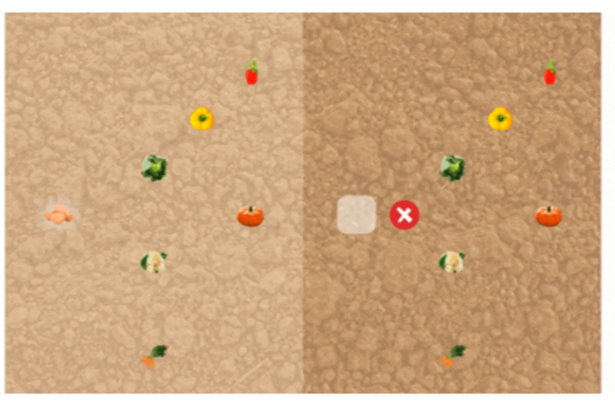 Conception à deux sections : à gauche les légumes et les fruits ; à droite une zone avec un X, sur un fond terreux.