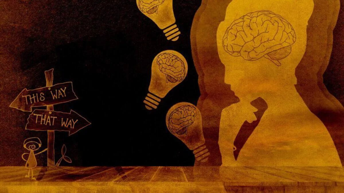 Illustration conceptuelle d'une tête avec un cerveau, des flèches de direction et des ampoules symbolisant les décisions et les fonctions exécutives.