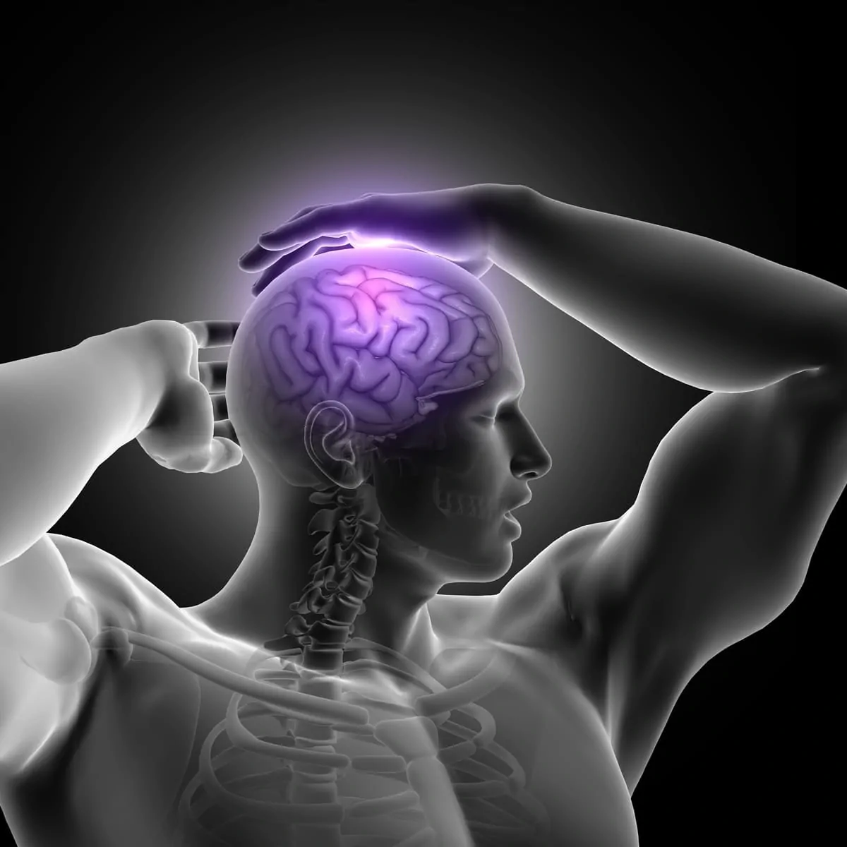 Figure d'une silhouette humaine claire tenant la tête ; à l'intérieur du crâne, un cerveau violet brillant, fond sombre.