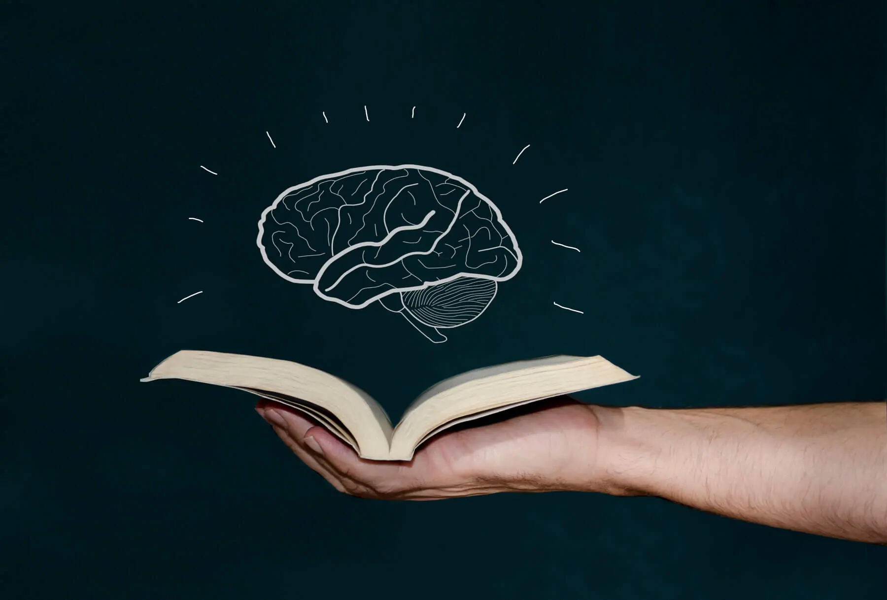 Une main tenant un livre ouvert, avec un cerveau dessiné flottant au-dessus des pages et des lignes d'idées qui en émanent.