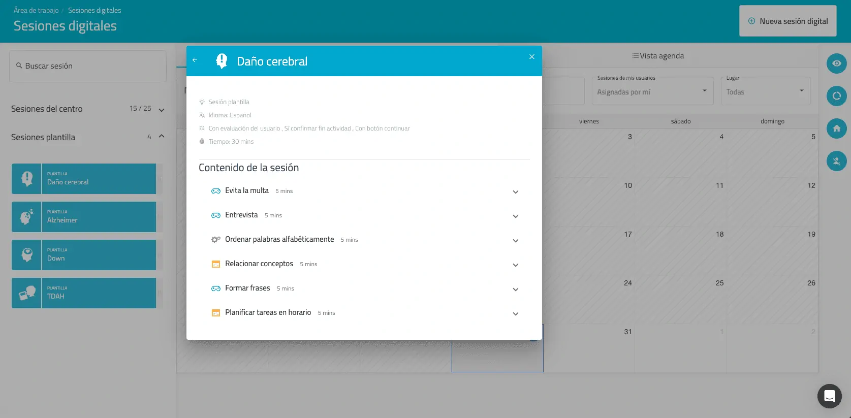 Lancement de sessions de modèle, nouveau filtre de langue et amélioration de l'intervalle de dates de NeuronUP Score. Session modèle de lésions cérébrales de NeuronUP.