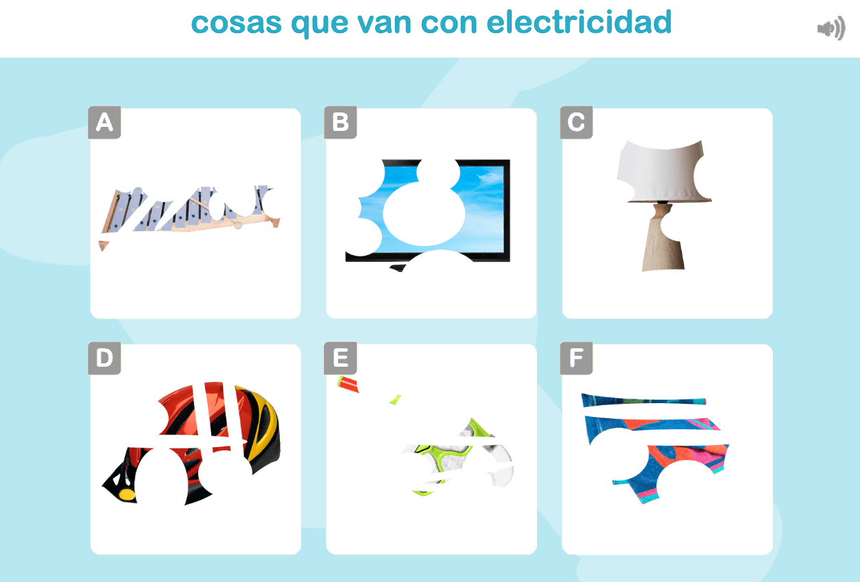 Six cases alignées (A–F) montrent des objets électriques, certains cachés, pour les gnosies visuelles chez les enfants.