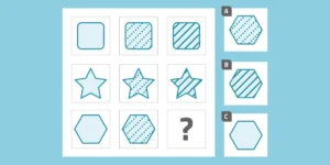 Grille 3x3 de matrices progressives avec des figures; point d'interrogation dans le coin inférieur droit et options A, B et C.