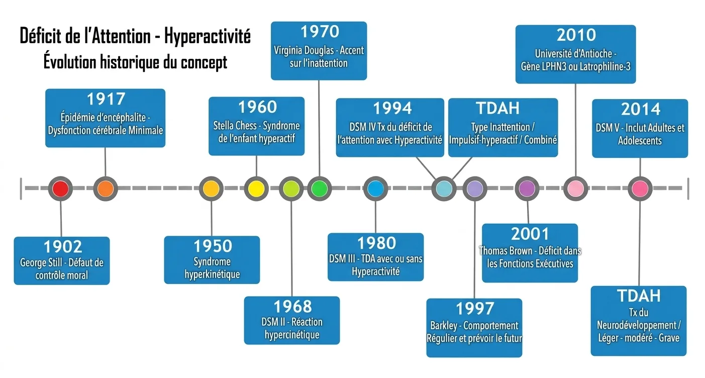 Chronologie visuelle des jalons historiques du TDAH, de 1917 à 2010, avec les dates et événements clés.