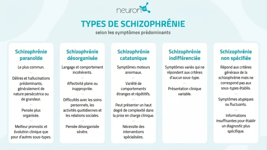 Classification de la schizophrénie selon les symptômes prédominants : paranoïde, désorganisée, catatonique, indifférenciée et non spécifiée.