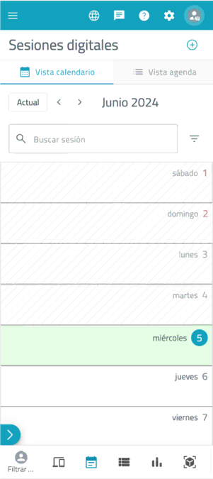 Capture de l'application mobile de NeuronUP montrant le calendrier de juin 2024, Sessions numériques et l'option Vue agenda.