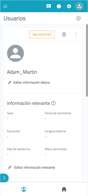Interface de NeuronUP sur mobile avec profil utilisateur et options d'édition, affichant des données de base et la navigation.