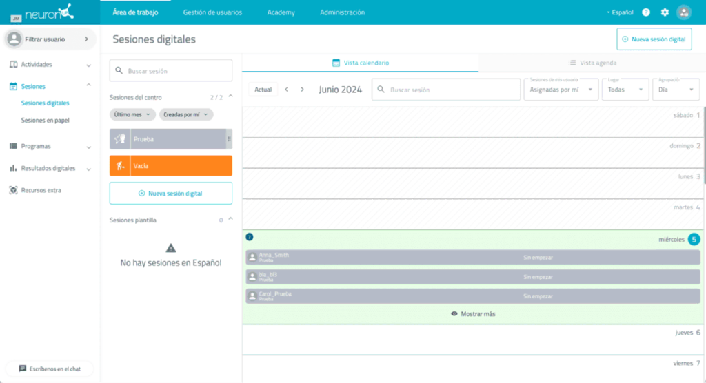 Capture de NeuronUP montrant des changements dans les séances : calendrier, panneau de navigation et création de séances.