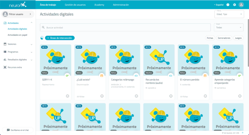 Interface de NeuronUP avec menu latéral (Actividades, Administración) et cartes 'Próximamente' dans la section centrale, avec filtre supérieur.