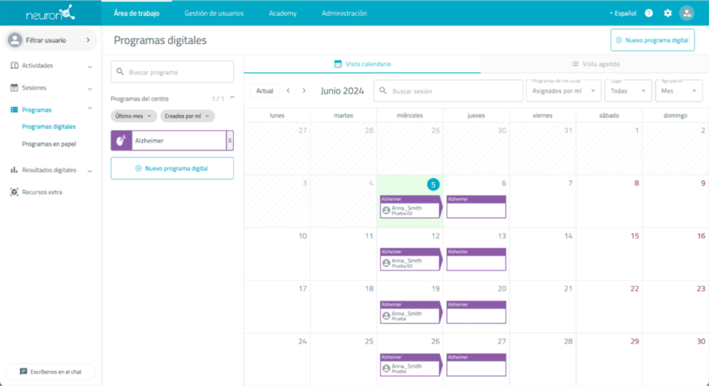 Capture de l'interface de NeuronUP avec la configuration des programmes dans le calendrier, options de filtrage et création d'un nouveau programme.