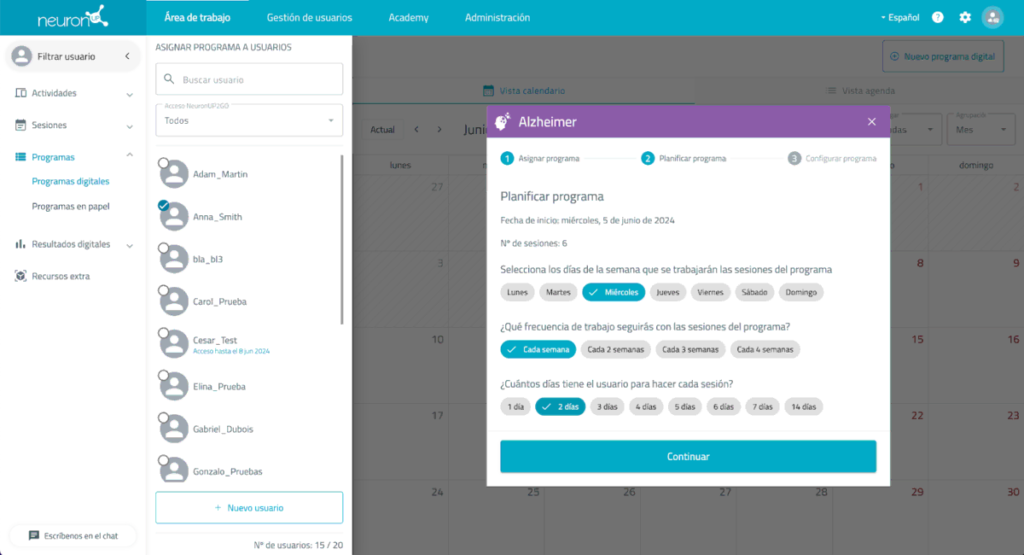 Interface de NeuronUP avec liste d'utilisateurs à gauche et une fenêtre centrale pour planifier un programme pour Alzheimer, avec sélection des jours et du type de travail.