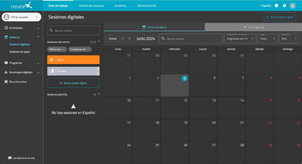 Capture de NeuronUP en mode sombre : calendrier mensuel avec grille, menu latéral (Actividades, Sesiones, Programas) et bouton créer une séance.
