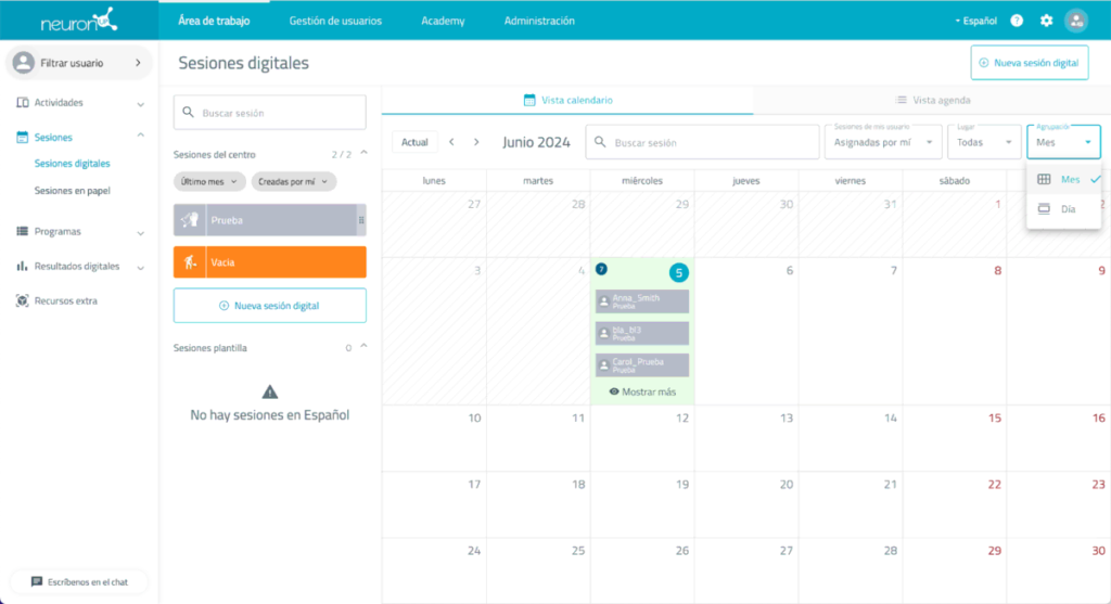 Capture de NeuronUP montrant la section séances : menu gauche avec Actividades, Academy et calendrier central.