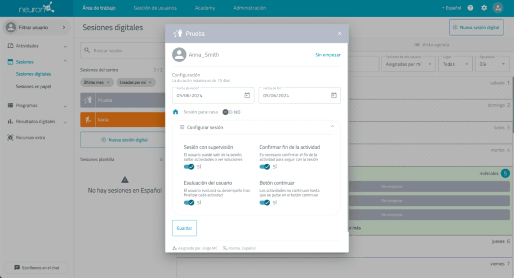 Interface de NeuronUP avec calendrier de séances sans supervision, cases et marqueurs colorés pour planifier la rééducation cognitive.