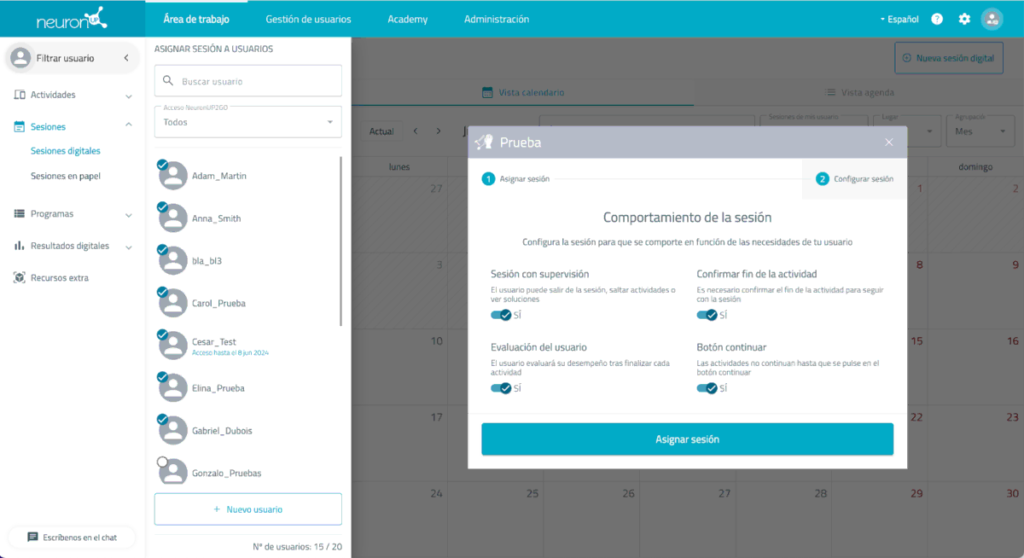Interface de NeuronUP avec menu latéral et fenêtre 'Prueba' pour attribuer et configurer des séances, avec alertes et langue.