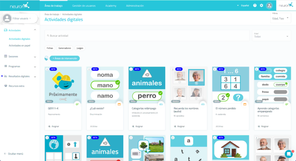 Interface de NeuronUP dans l'ancienne vue avec menu supérieur et cartes d'Actividades digitales ; inclut un bouton pour ajouter du contenu.