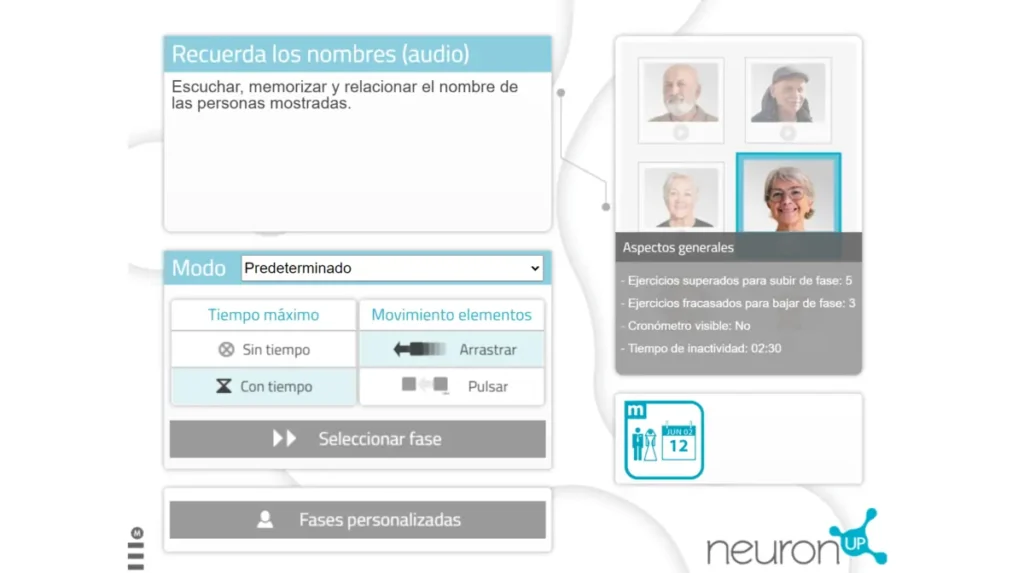 Interface de NeuronUP pour un exercice de mémoire auditive : contrôles de mode et du temps à gauche, difficulté à droite et logo.