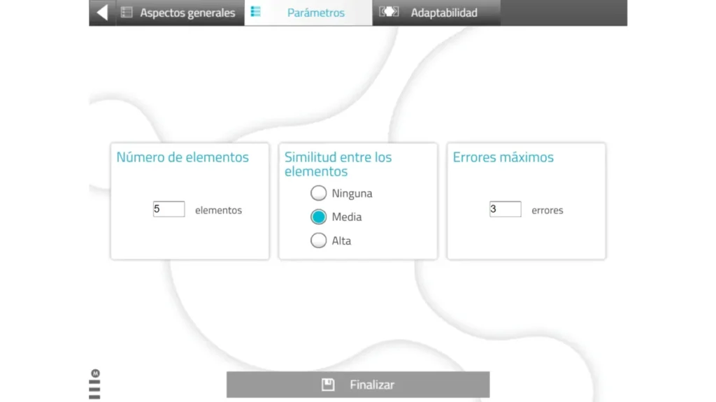 Écran de NeuronUP avec réglages de difficulté : 5 éléments, similarité Moyenne et 3 erreurs, sur fond blanc.