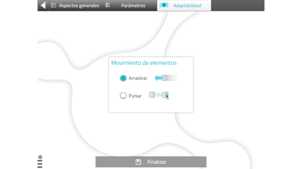 Interface de NeuronUP avec un cadre central Mouvement des éléments, options Glisser et Appuyer, bouton Terminer et menus latéraux.