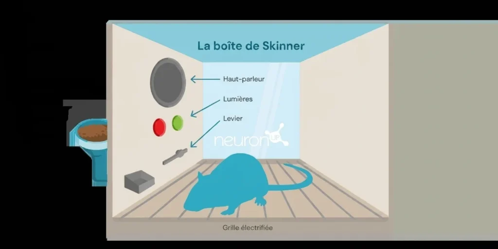 Illustration d'une boîte de Skinner avec haut-parleur, lumières, levier et distributeur de nourriture, dans un environnement de neuro-réadaptation cognitive.