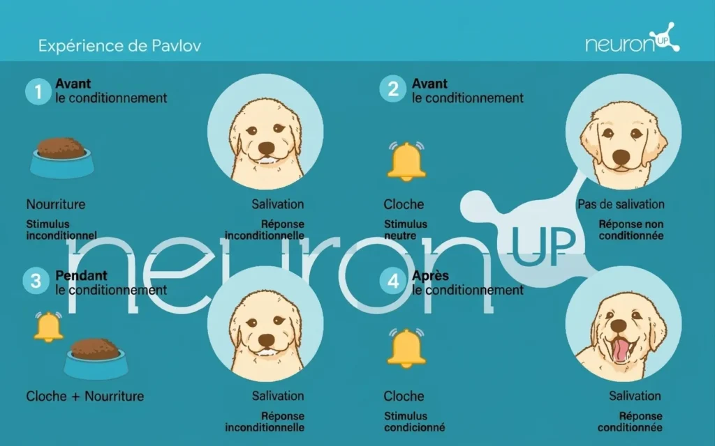 Diagramme de l'expérience de Pavlov : chien, nourriture et cloche, illustrant le conditionnement classique.