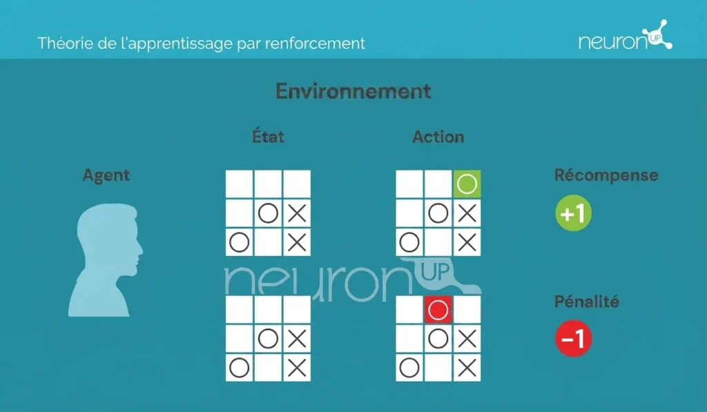 Diagramme de l'apprentissage par renforcement Q-learning pour la neuro-réadaptation : agent, environnement, états, actions et récompenses.
