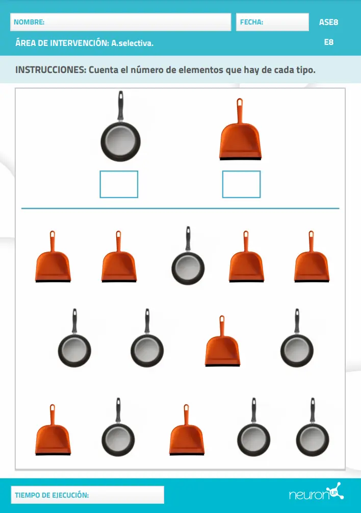 Activité éducative sur NeuronUP avec des poêles et spatules de couleurs, disposées en motif, pour compter combien d'ustensiles il y a.