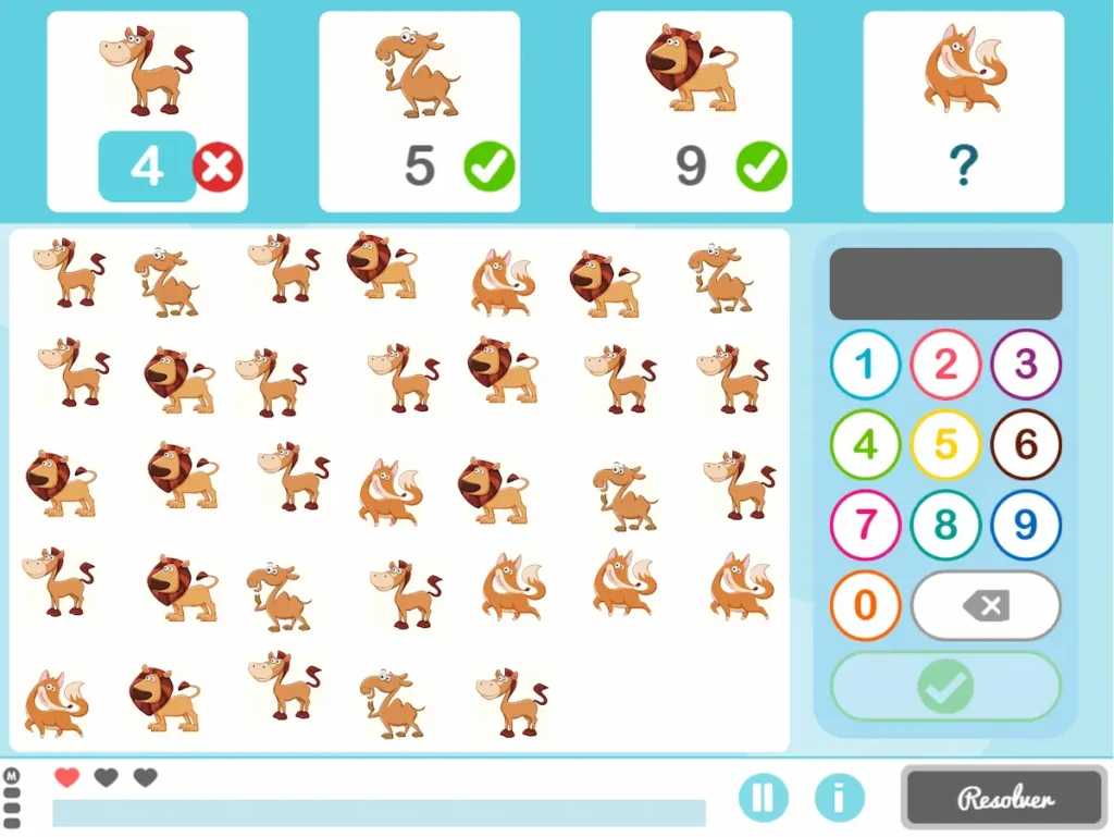 Fiche éducative d'attention sélective : trois groupes de chevaux avec les comptes 4, 5 et 9 à gauche, et une grille d'animaux à droite avec une zone pour la réponse et la confirmation.