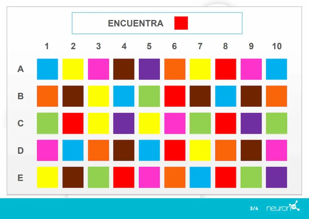Interface de l'activité Identifier les couleurs : grille 5x10 avec 50 cases colorées, étiquettes A–E et numéros 1–10, avec encadré rouge TROUVEZ.