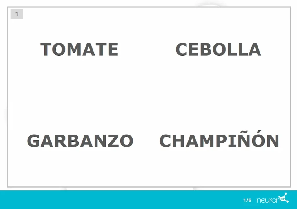 Activité Mot intrus dans NeuronUP : quatre mots en deux colonnes (Tomate, Oignon, Pois chiche, Champignon) pour séances de groupe.