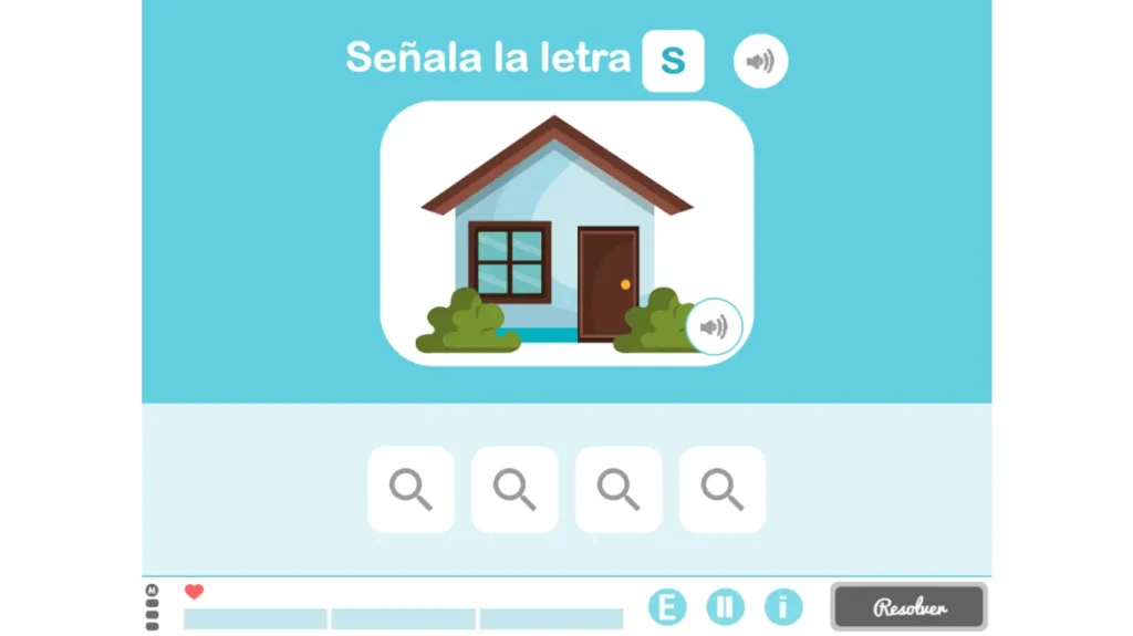 Interface éducative de NeuronUP pour la discrimination des lettres chez les enfants : instruction 'Indique la lettre S' et outils pour lire ou écouter.