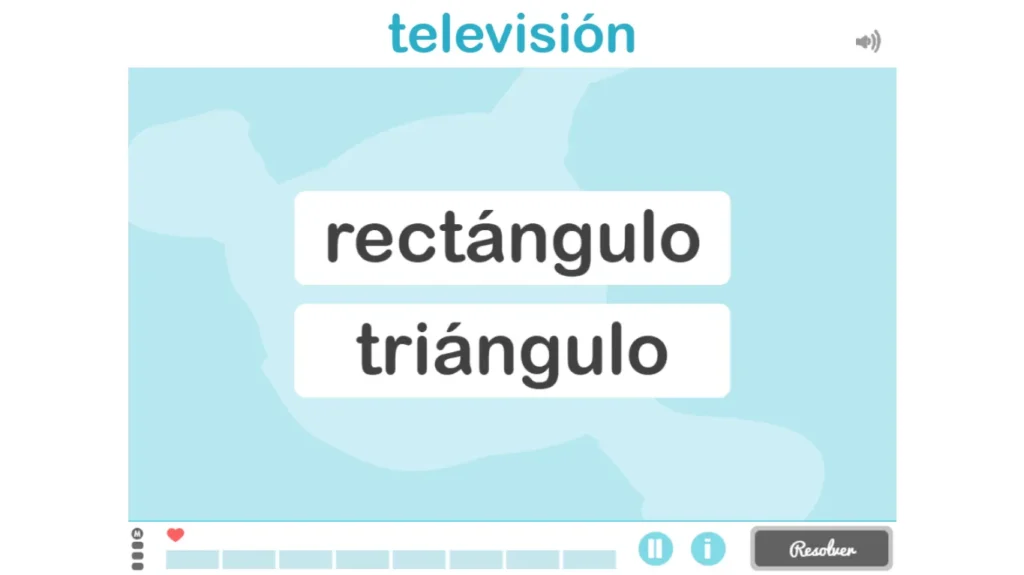Interface éducative de NeuronUP pour la mémoire sémantique : 'télévision' en haut et 'rectangle'/'triangle', commandes.
