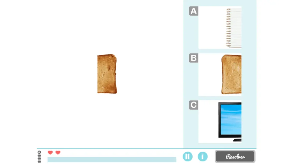 Interface éducative de NeuronUP pour les gnosies visuelles : tranche de pain au centre et options A, B et C à droite.