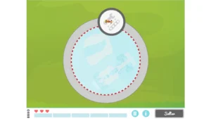 Interface NeuronUP pour la relation spatiale chez les enfants : indice pour localiser les objets, avec un personnage et des contrôles dans la partie inférieure.